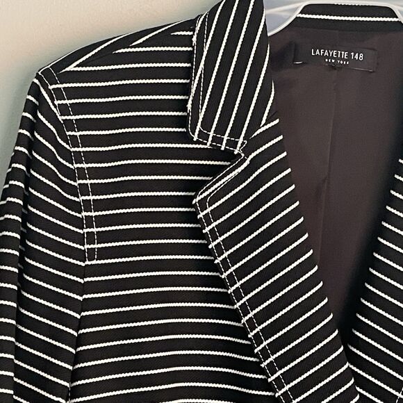 LAFAYETTE 148 Striped Blazer Sz 4 Devin Asymmetric Button Front Black Jacket - Picture 1 of 15